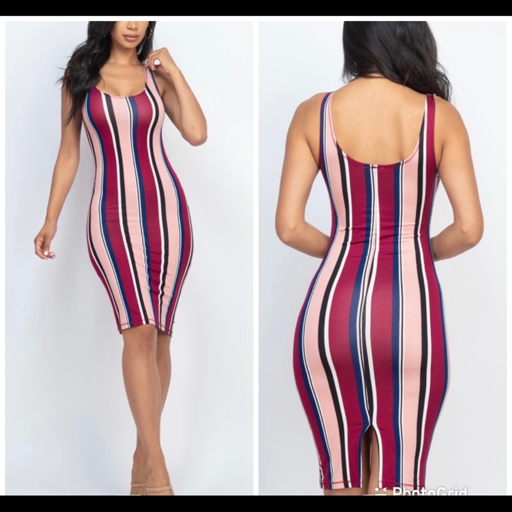 New Multi-Striped Bodycon Midi Dress